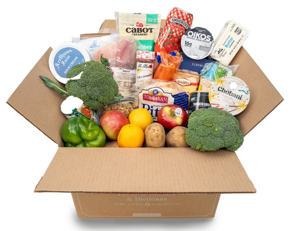 Weekly Epicured grocery box with fresh produce and pantry staples